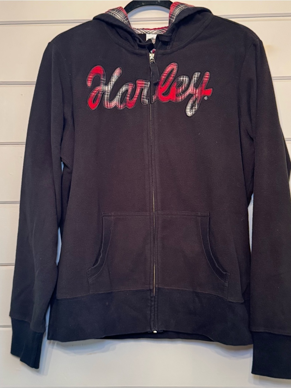 Women’s Harley Davidson Black Fleece Fitted Zip Up Hoodie- Red Plaid Lining